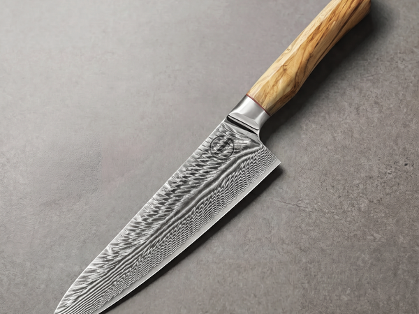 Feather Forge 8-inch Damascus steel chef knife with a 73-layer feather pattern blade
