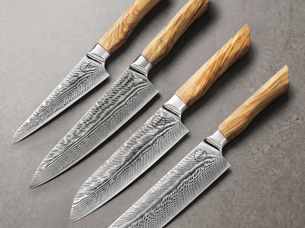 Feather Forge Complete Set of four 73-layer feather Damascus kitchen knives with olive burl handles