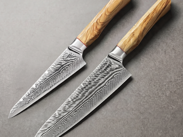 Feather Forge chef and utility knives with feather Damascus blades over an AUS-10 core, a Japanese stainless steel in the same class as VG-10