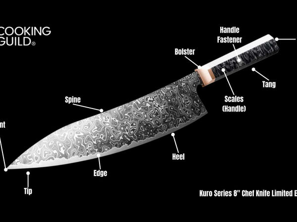 Hand-forged chef knife laid flat with the blade and handle parts labelled
