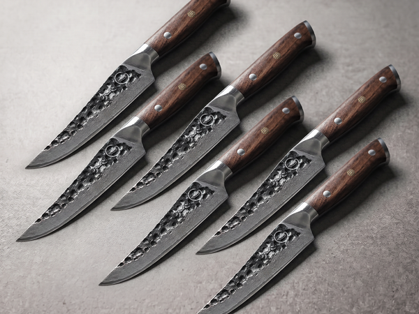 Damascus Dynasty 5-inch steak knives, 67-layer Damascus with full tang black walnut handles
