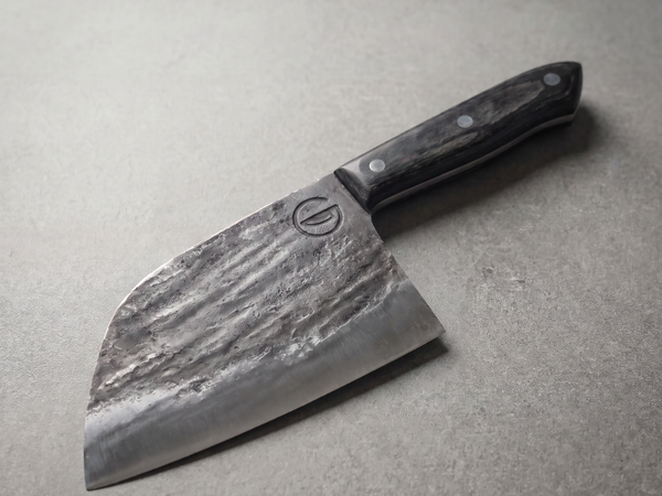 Snažan Heritage Cleaver in 1080 high carbon steel next to prep on a wooden board