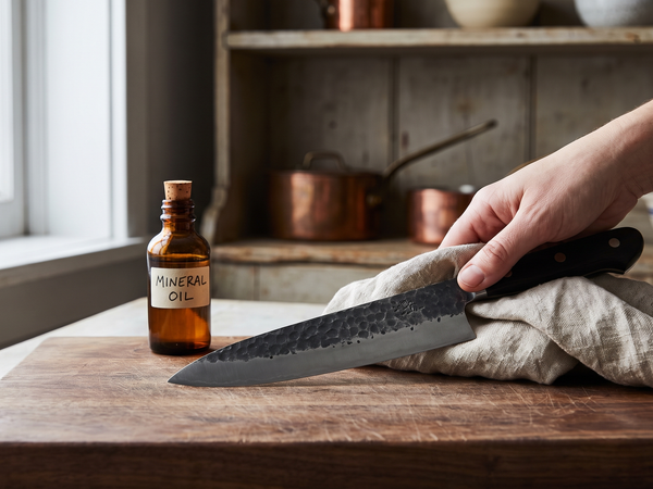 Carbon steel knife care: drying a hand-forged blade with a linen cloth beside a bottle of mineral oil