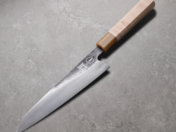 Torii 9-inch Kiritsuke with angled K-tip, hand-forged 7Cr17MoV blade and octagonal maple wa-handle