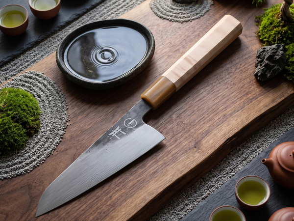 Hand-forged Torii chef knife photographed from above showing its thin 12 degree cutting edge