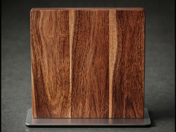 Magnetic knife storage: an acacia magnetic knife block holding hand-forged blades