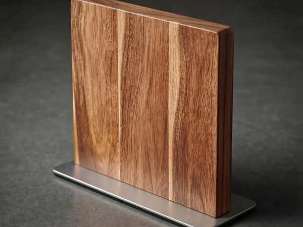 Acacia wood magnetic knife block storing a set of kitchen knives on a countertop
