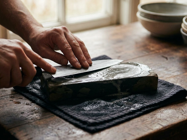 Sharpening a Japanese chef knife on a 1000-grit whetstone at a 15-degree angle