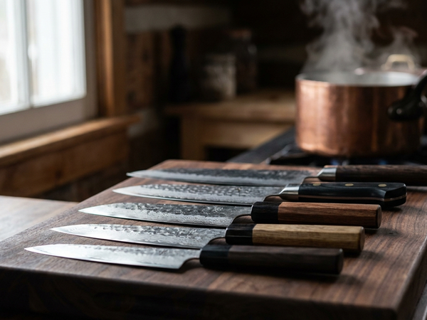 Lineup of Japanese chef knife brands' blades on a walnut cutting board