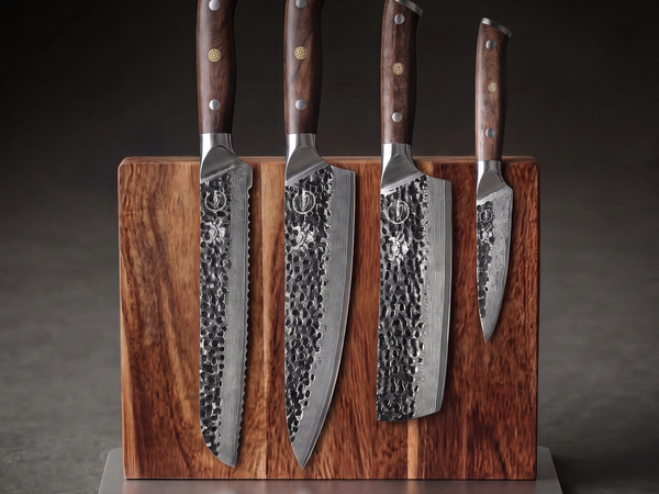 Damascus Dynasty knives with 10Cr15CoMoV cores and 67-layer Damascus cladding displayed on an acacia block