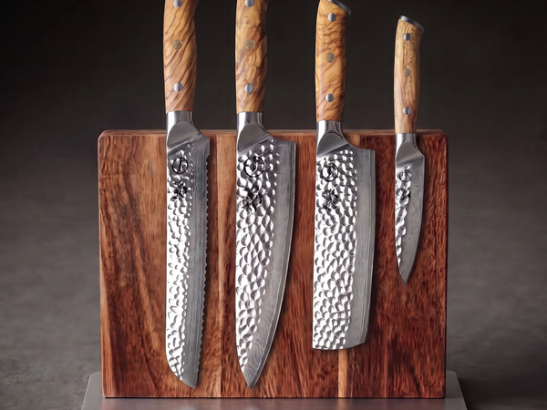 Four Damascus kitchen knives on an acacia magnetic display block, a knife set given as a wedding gift