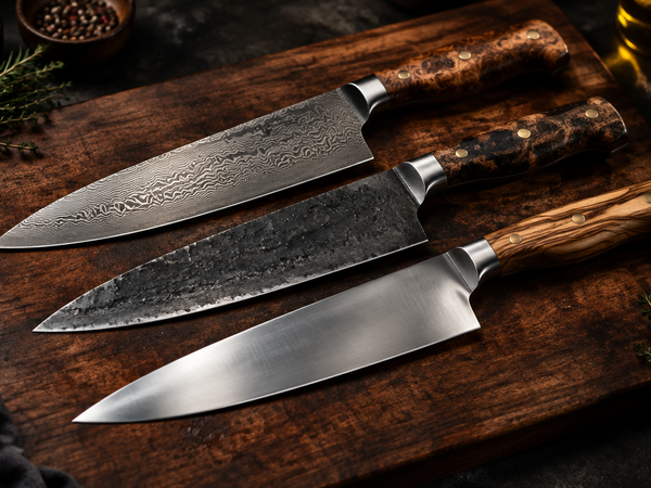 Three hand-forged kitchen chef knives with Damascus, forge-scale and satin finishes on a walnut cutting board