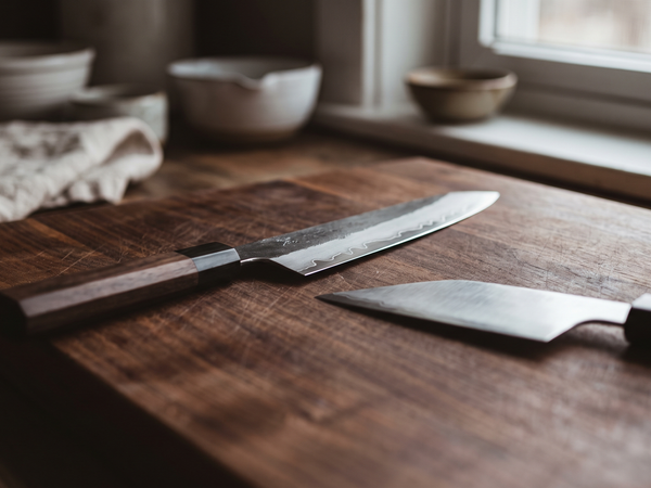 Close-up of a san mai steel knife blade showing the cladding line between the hard core and softer outer layers