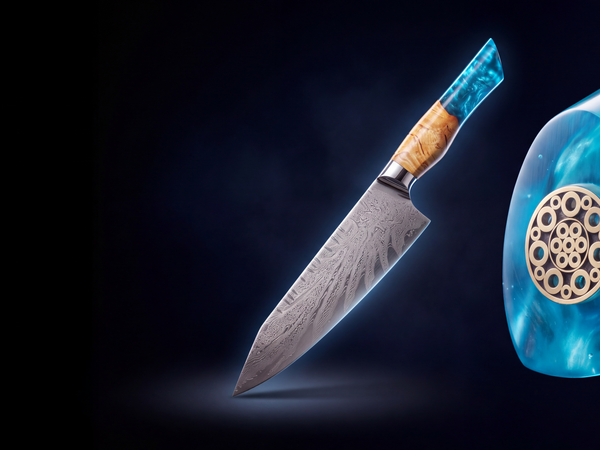Feather Forge Sapphire chef knife floating on black, Damascus blade and hand poured sapphire blue epoxy handle