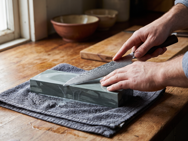 Sharpening a damascus chef knife on a wet whetstone