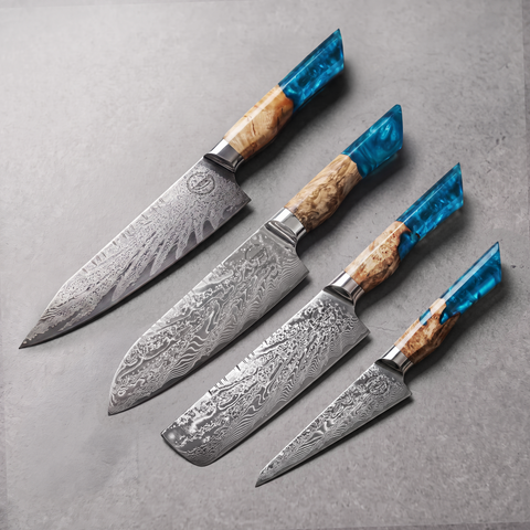 Feather Forge Sapphire Complete Set: chef, santoku, nakiri and utility knives with 67-layer Damascus blades and sapphire blue epoxy handles