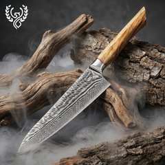 Feather Forge 8-inch chef knife full tang with olive burl handle and mosaic pin