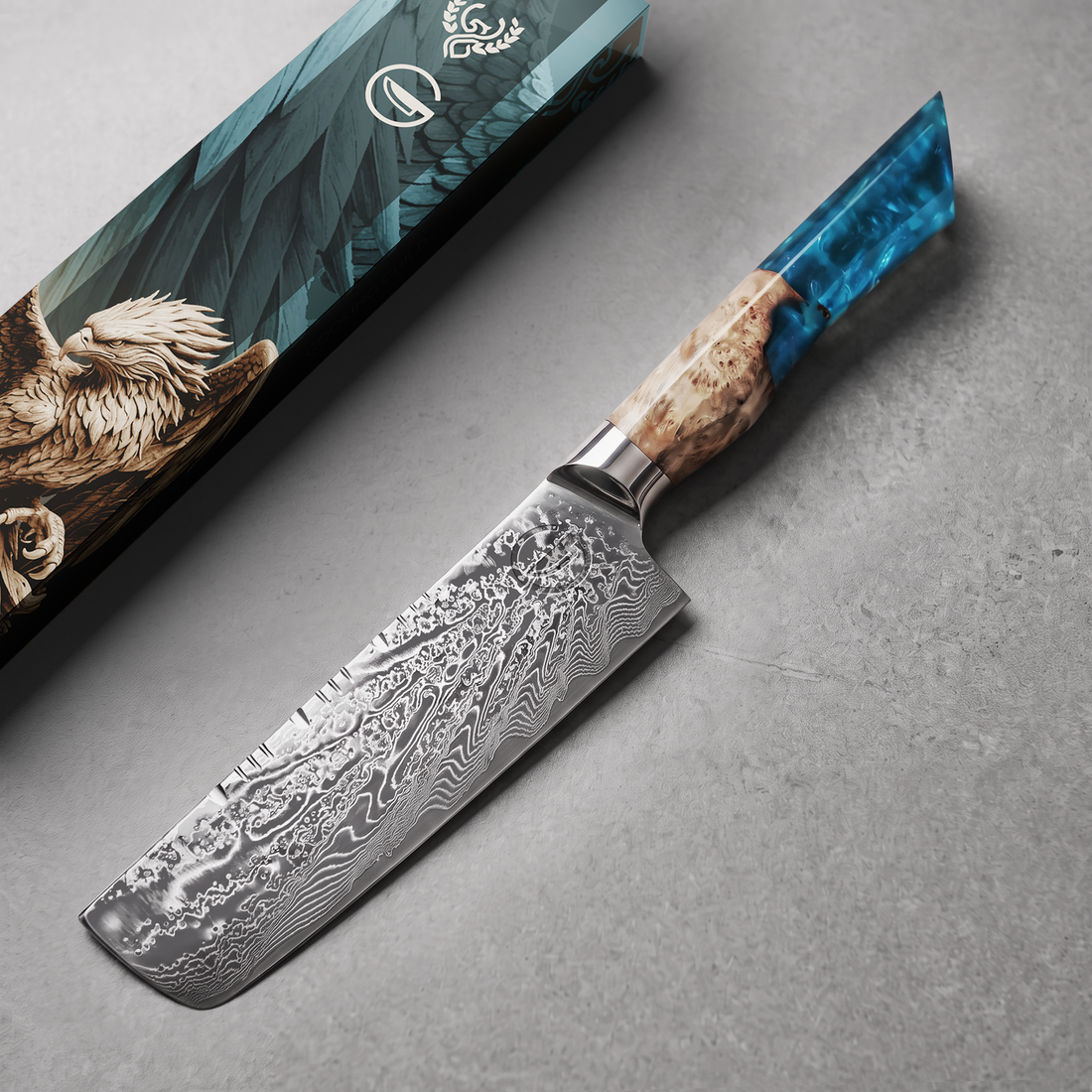 Feather Forge Sapphire 7-inch nakiri with its gift box