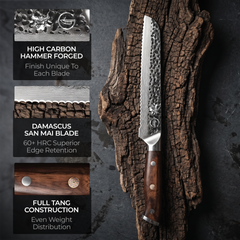Damascus bread knife black forged blade and full tang black walnut handle