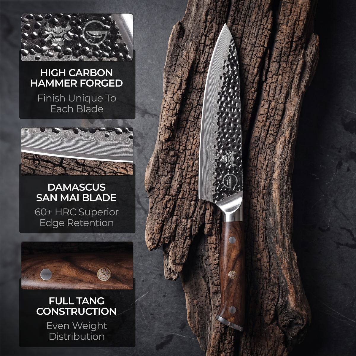 Damascus Dynasty 8-inch chef knife blade showing hand-hammered black forged finish