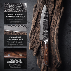 Damascus Dynasty 8-inch chef knife blade showing hand-hammered black forged finish