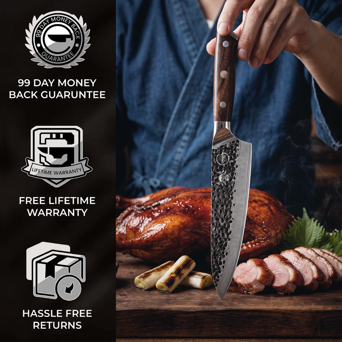 Damascus Dynasty 8-inch chef knife full tang black walnut handle and bolster
