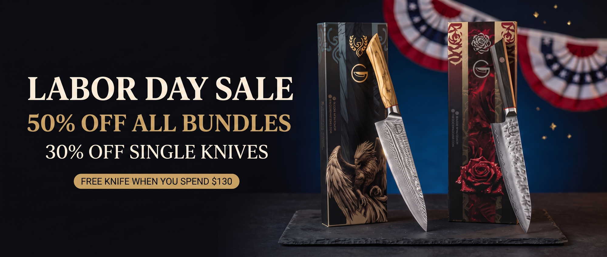 Labor Day Sale: 50% off all bundles, 30% off single knives, free knife when you spend $130