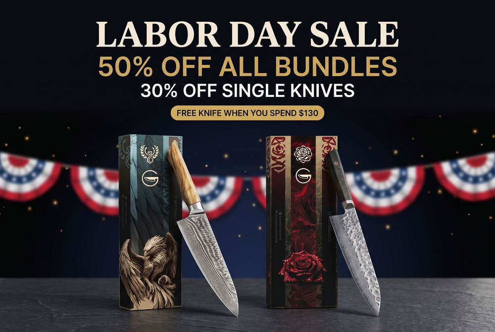 Labor Day Sale: 50% off all bundles, 30% off single knives, free knife when you spend $130