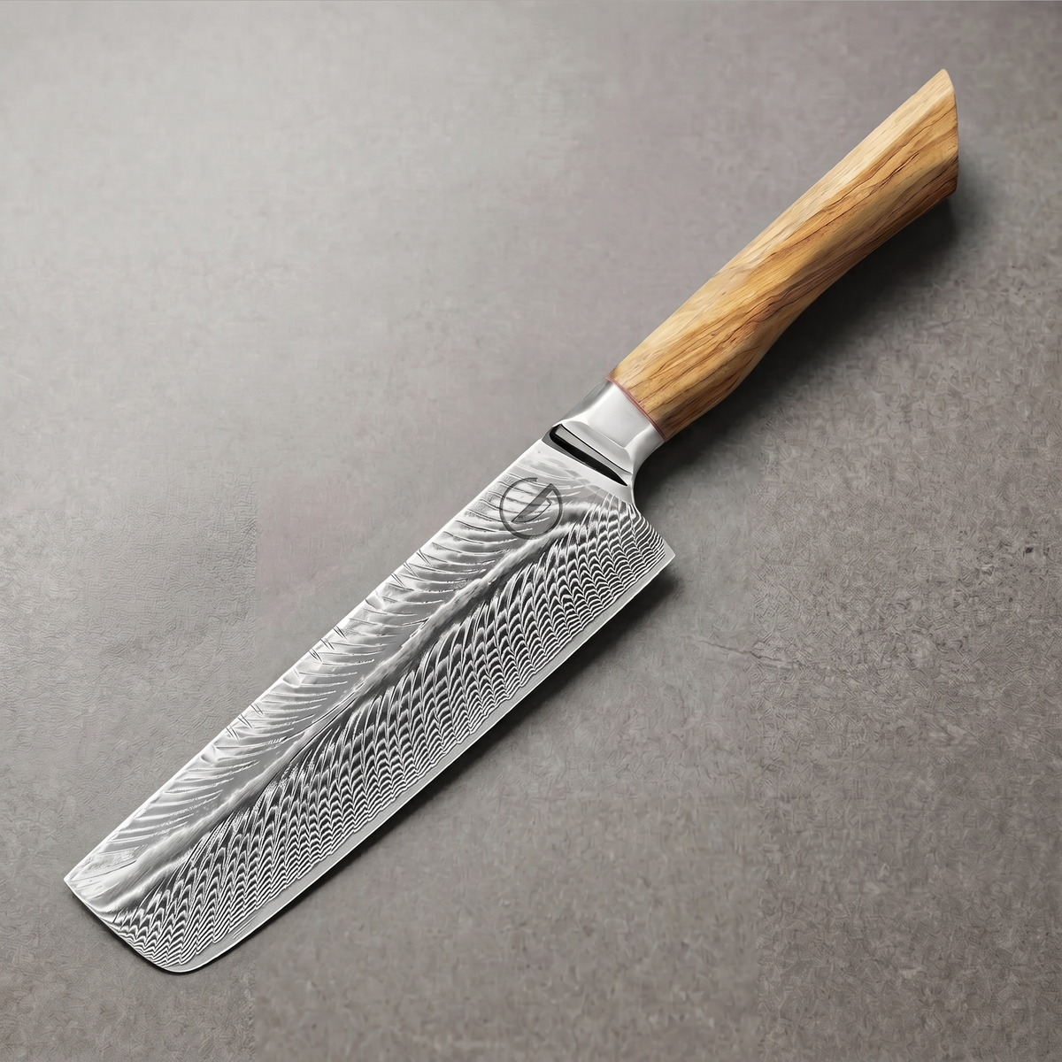 Feather Forge 7-inch nakiri blade showing the feather Damascus pattern