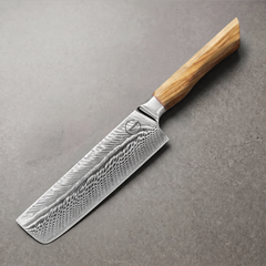 Feather Forge 7-inch nakiri blade showing the feather Damascus pattern