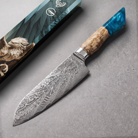 Feather Forge Sapphire 7-inch santoku alternate view of the sapphire epoxy and burl wood handle