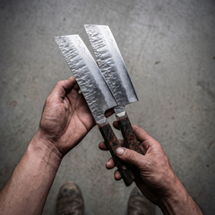 Bara Forge hand-forged knife with a mosaic pin set into the burl wood handle