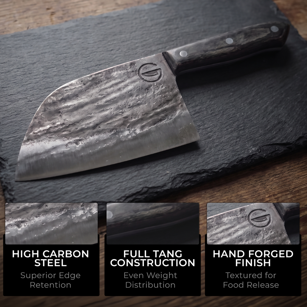 Snažan Heritage Cleaver Serbian-style profile on a cutting board