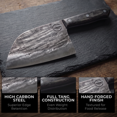 Snažan Heritage Cleaver Serbian-style profile on a cutting board