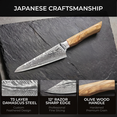 Feather Forge 6-inch utility knife with feather Damascus blade and olive burl handle