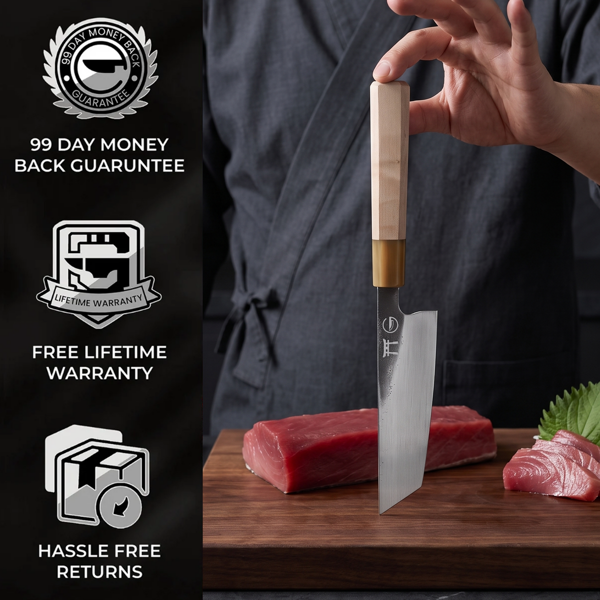 99-day money back guarantee and free lifetime warranty — Torii 7" Nakiri