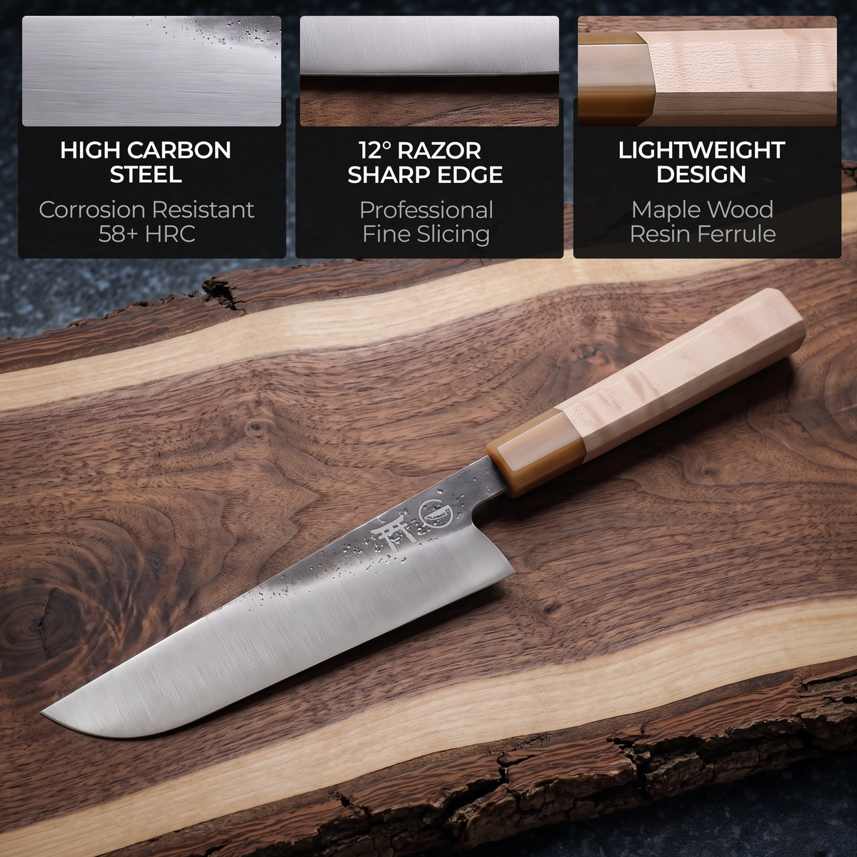 Torii 8" Gyuto — high carbon steel, 12° razor sharp edge, lightweight design