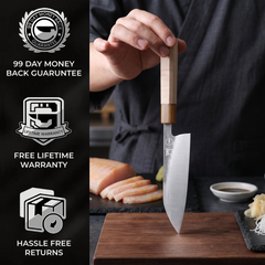 99-day money back guarantee and free lifetime warranty — Torii 7" Santoku