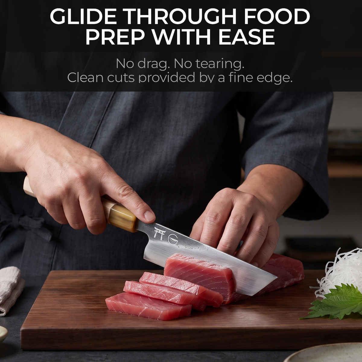 Torii 7" Nakiri in action — clean straight chops through vegetables
