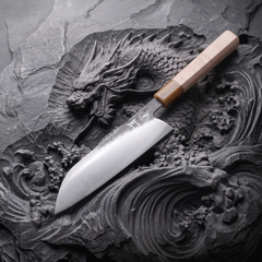 Torii 7" Santoku detail shot — rounded sheep's-foot nose