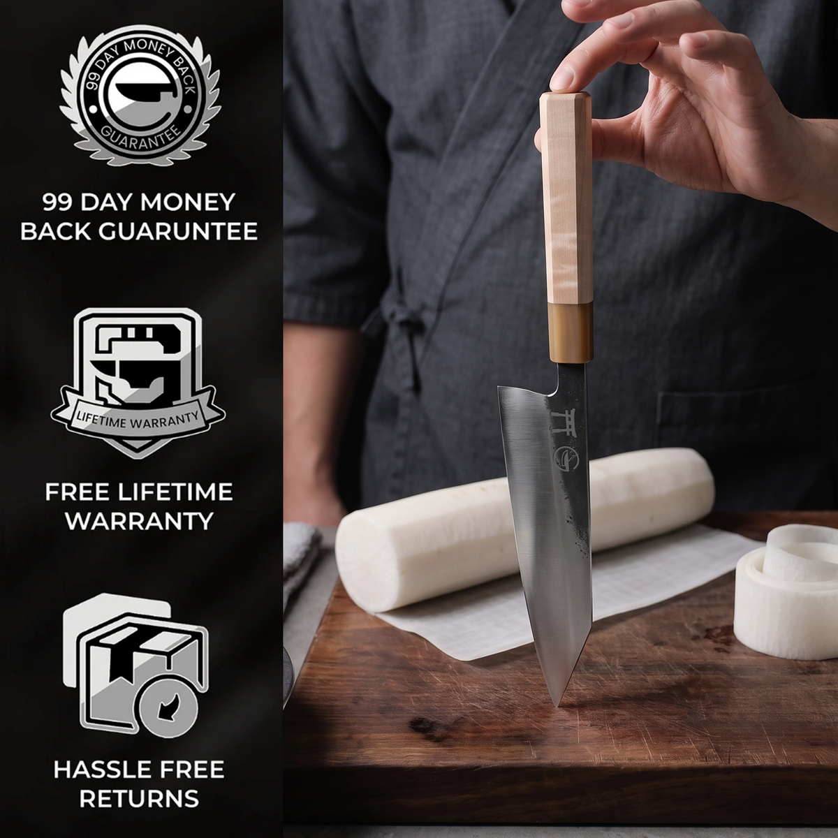 99-day money back guarantee and free lifetime warranty — Torii 8" Usuba