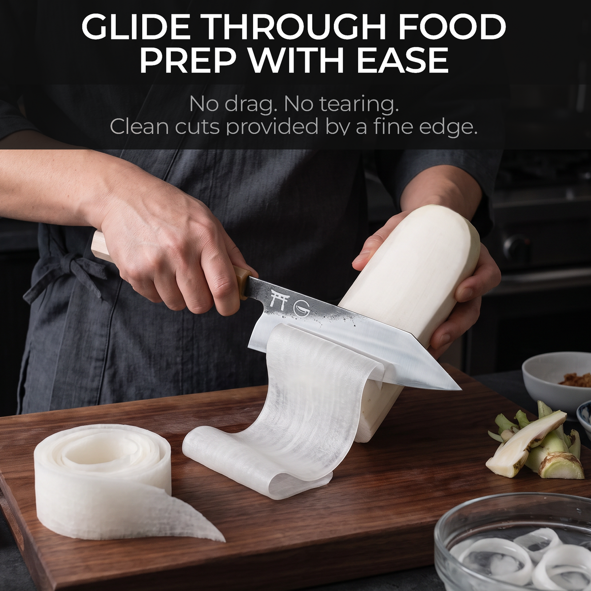 Torii 8" Usuba in action — glide through food prep with ease