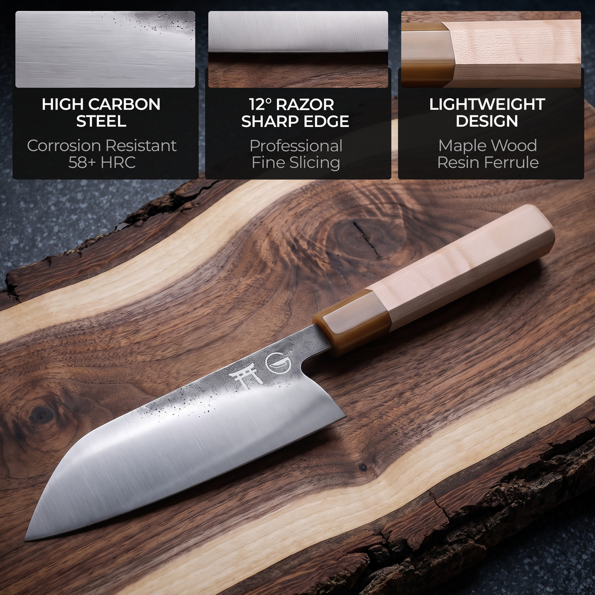 Torii 7" Santoku — high carbon steel, 12° razor sharp edge, lightweight design