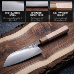 Torii 7" Santoku — high carbon steel, 12° razor sharp edge, lightweight design