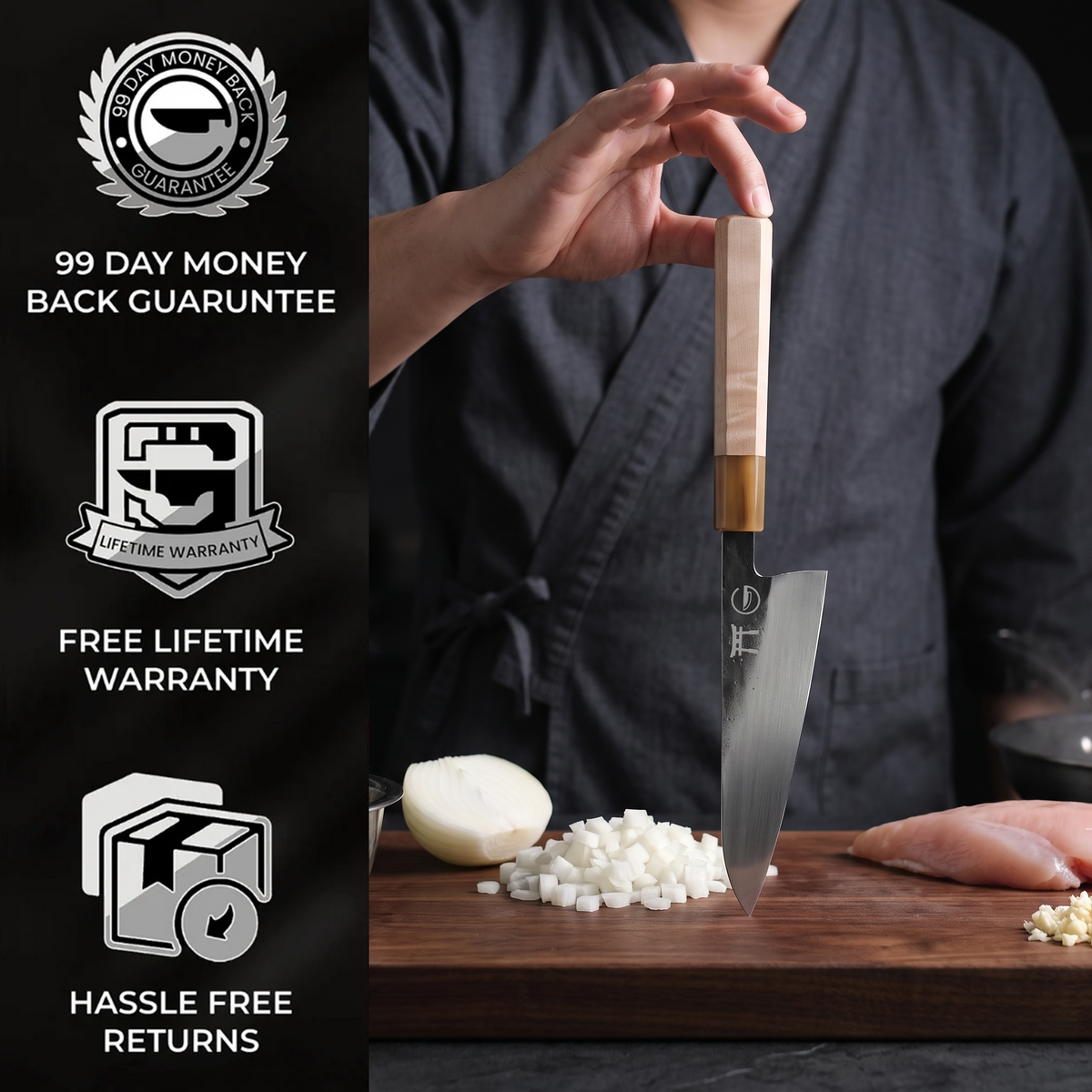99-day money back guarantee and free lifetime warranty — Torii 7" Chef Knife