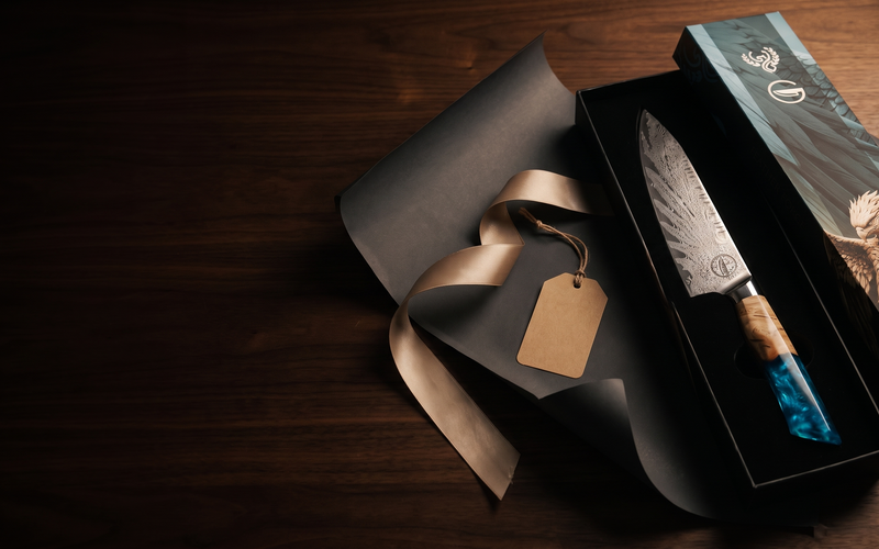 Feather Forge Sapphire chef knife unboxed as a gift in its presentation box with gold ribbon