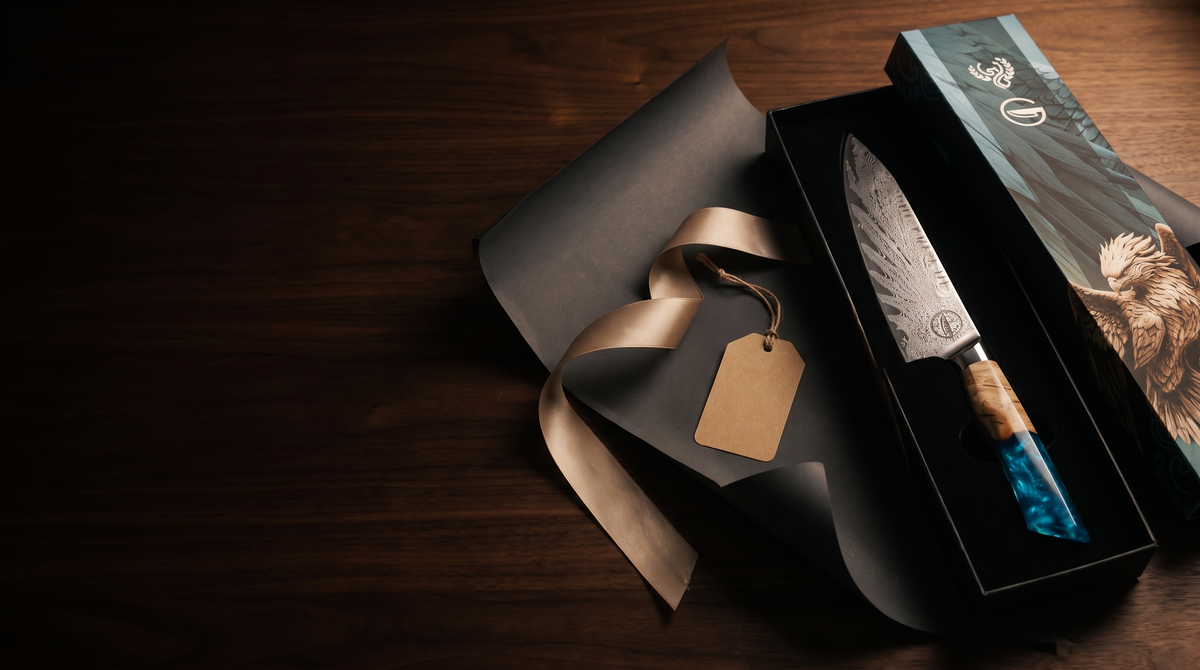 Feather Forge Sapphire chef knife unboxed as a gift in its presentation box with gold ribbon