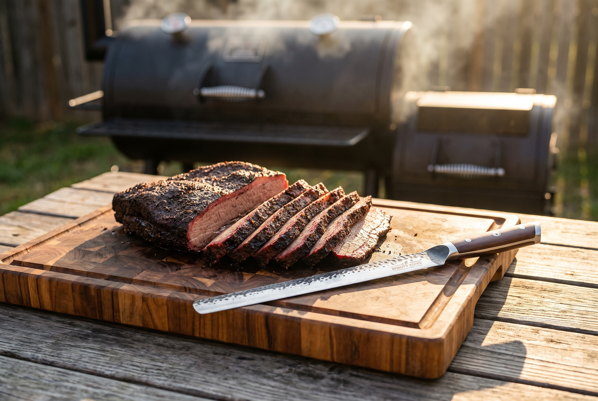 Smoked brisket sliced on an end grain board with the Dynasty Series 12 inch slicer beside it and a smoker behind