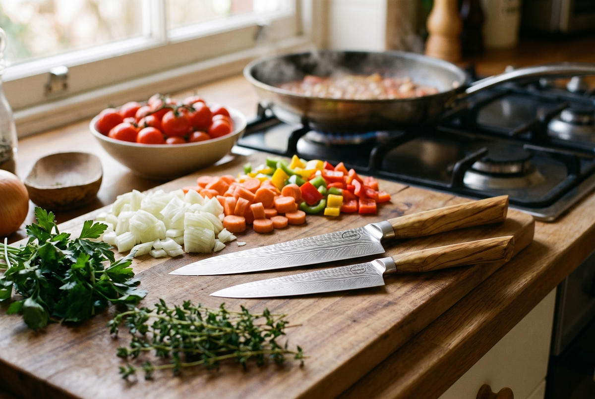 Weeknight home kitchen with chopped vegetables and the Feather Forge chef and utility knives on a wooden board