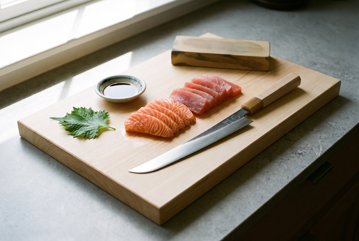 Salmon and tuna sashimi on a hinoki board with the Torii 10 inch sakimaru knife